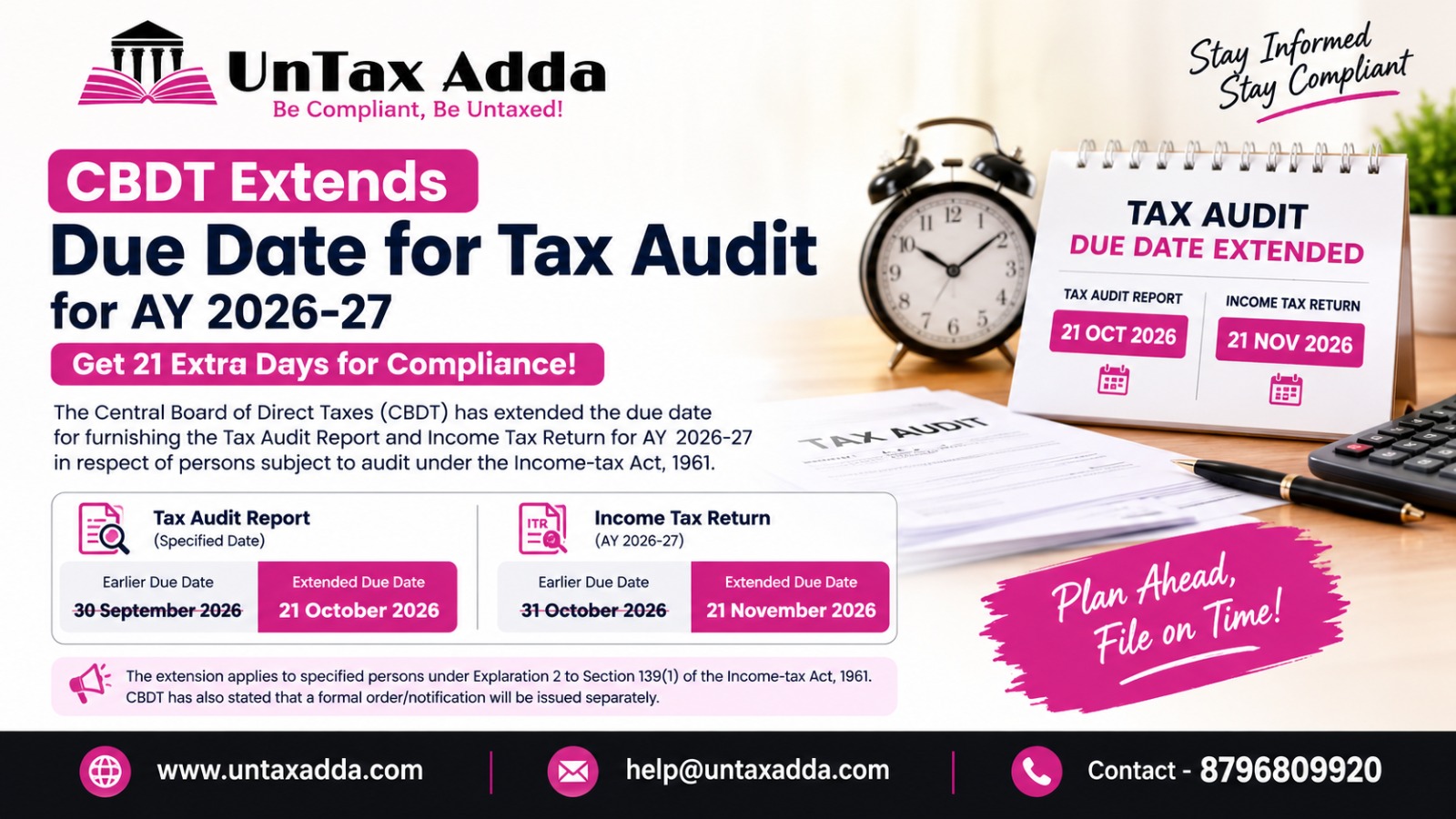 CBDT extended tax audit and ITR filing due dates for AY 2026-27 with a calendar, alarm clock, and tax documents showing revised deadlines.